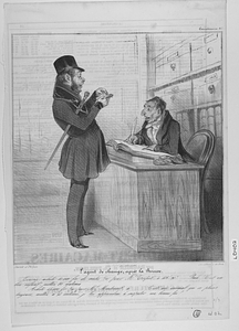 L' agent de change, après la Bourse. Ecrivez : acheté 10,000 fr. de rentes 5/°° pour Mr. Tripot, à 106 f. 90 c...... Bah ! C’est un bon enfant, mettez 80 centimes........ Acheté 15,000 fr. 5/°° pour Mr. Moutonnet, à........C’est un animal qui se plaint toujours, mettez à 95 centimes, je luis apprendrai à suspecter ma bonne foi !