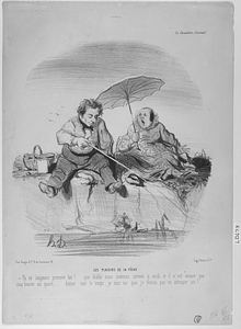 Les PLAISIRS DE LA PÊCHE. - Tu es toujours pressée toi!.... que diable nous sommes arrivés à midi et il n'est encore que cinq heures un quart....... donne moi le temps, je suis sur que je finirai par en attraper un!...