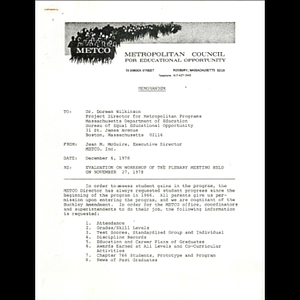 Memo, evaluation on workshop of the plenary meeting held on November 27, 1978.