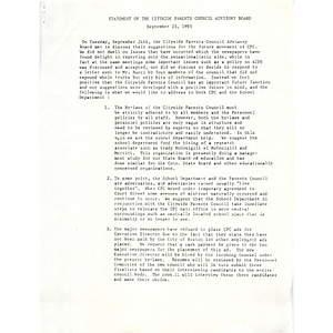 Statement of the Citywide Parents Council advisory board, September 25, 1985.