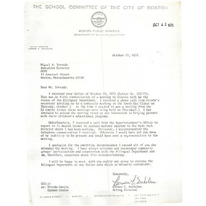 Letter, Miguel A. Torrado, October 17, 1975.