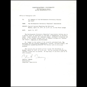 An invitation dated April 15, 1977 for an event with Lawrence Langer.
