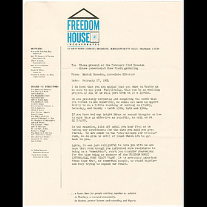 Letter from Muriel Snowden to those present at the February 23rd Freedom House Interracial Home Visit gathering