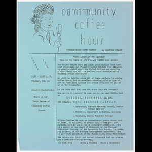 Flier advertising Freedom House Coffee Hour featuring Mildred Kaufman of the Boston Public Library