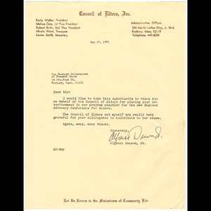 Letter from Alfonso Denson, Jr. of the Council of Elders to the Roxbury Goldenaires of Freedom House, thanking them for placing an advertisement in program pamphlet