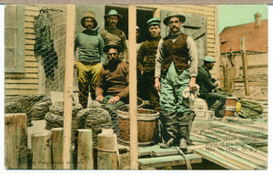 Fishermen on the docks with nets, Provincetown, Mass., undated