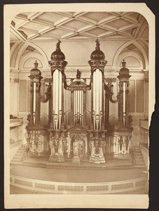 Close-up view of the "Great" pipe organ in Boston Music Hall