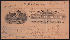Billhead for A.N. Clapp, dealer in The Cleveland Refined Kerosene Oil, corner Granite and Main Streets, Manchester, New Hampshire, dated February 6, 1886