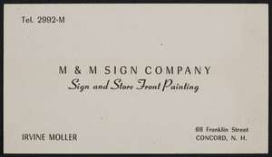 Trade card for M & M Sign Company, sign and store front painting, 68 Franklin Street, Concord, New Hampshire, undated