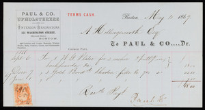 Billhead for Paul & Co., Dr., upholsterers and interior decorators, 354 Washington Street, Boston, Mass., dated May 10, 1867