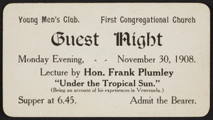 Ticket for the Young Men's Club guest night, First Congregational Church, location unknown, November 30, 1908