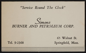 Trade card for Simons Burner and Petroleum Corp., furnaces, 65 Walnut Street, Springfield, Mass., undated