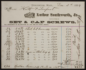 Billhead for Luther Southworth, Jr., manufacturer of set & cap screws, Stoughton, Mass., dated December 3, 1884