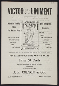 Handbill for Victor Liniment, for man or beast, J.R. Colton & Co., East Northfield, Mass., undated