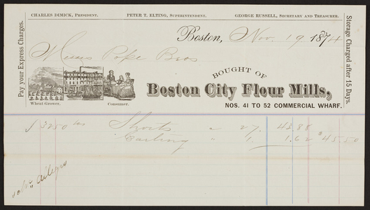 Billhead for Boston City Flour Mills, Nos. 41 to 52 Commercial Wharf, Boston, Mass., dated November 19, 1874