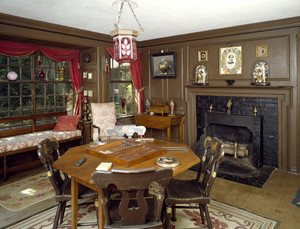 View of Franklin Game Room showing table with games, window and fireplace, Beauport, Sleeper-McCann House, Gloucester, Mass.