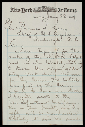 Henry Hall to Thomas Lincoln Casey, January 28, 1889