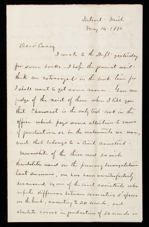 General [Cyrus B.] Comstock To Thomas Lincoln Casey, May 14, 1870 ...