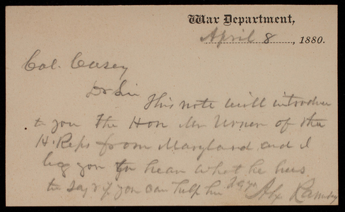 [Alexander] Ramsey to Thomas Lincoln Casey, April 8, 1880