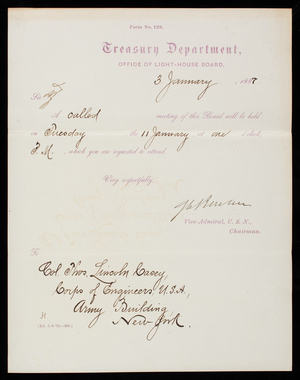 Office of the Light-House Board to Thomas Lincoln Casey, January 3, 1887
