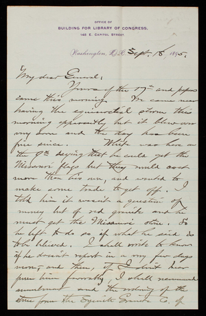 Bernard R. Green to Thomas Lincoln Casey, September 18, 1895