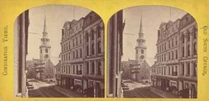 Old South Church [Washington St]. Boston, Mass. Combination view depicting Washington Street before and after the fire of 9-10 November 1872.