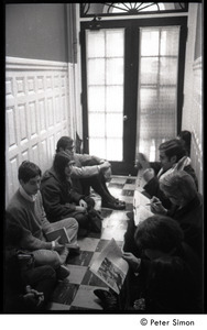 Protesters lining the hallways during the occupation of the University Placement Office, Boston University, opposing on-campus recruiting by Dow Chemical Co.