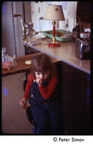 Child seated in the kitchen, Tree Frog Farm commune
