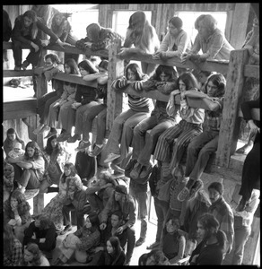 Communal meeting inside the Brotherhood of the Spirit dormitory, Warwick, Mass.