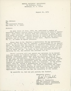 Letter from Judith R. Chamberlin to Editors of Ms. magazine