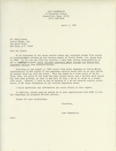 Letter from Judi Chamberlin to Henry Dunow