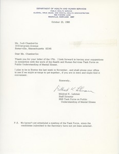 Letter from Mildred Lehman to Judi Chamberlin