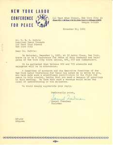 Letter from New York Labor Conference for Peace to W. E. B. Du Bois