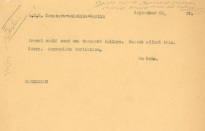 Telegram from W. E. B. Du Bois to Society for the Promotion of Cultural Relations Between Russia and Foreign Countries