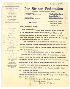 Letter from Pan-African Federation to Jawaharlal Nehru