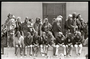 May Day demonstrations and street actions by the Justice Department: antiwar protesters seated by Department of Justice building