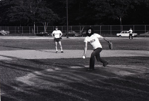 Boston Phoenix vs. WBCN staff softball game: Charles Laquidara pitching