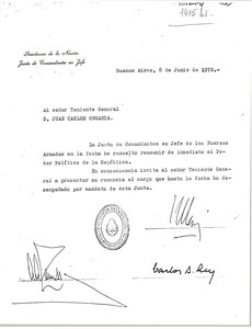 Request for resignation to President Onganía from Joint Commanders of the Armed Forces