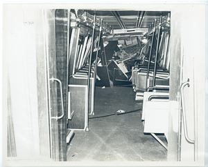 Unidentified Green Line collision, view inside train of damage