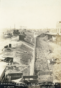 Dorchester Rapid Transit section 1. South view along fence of west side of right of way from Bay Street