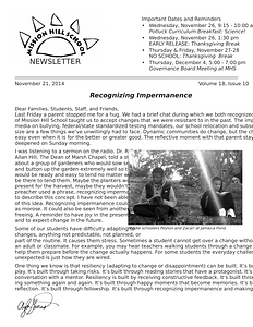 Mission Hill School newsletter, November 21, 2014