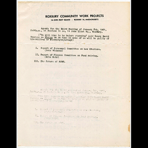 Agenda for RCWP board meeting held January 8, 1961