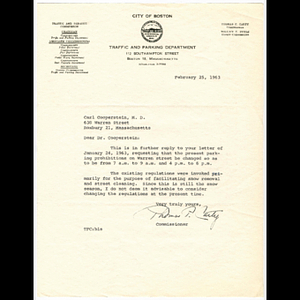 Letter from Thomas F. Carty to Carl Cooperstein concerning parking prohibitions on Warren Street during snow season