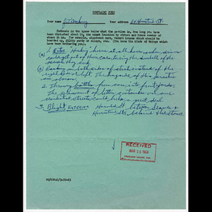 Complaint form from J. T. Archung of 64 Homestead Street concerning honking, parking, and blight on Harold and Homestead Street