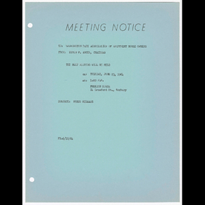 Memorandum from Byron F. Angel, Chairman to Washington Park Association of Apartment House Owners about meeting on June 23, 1964