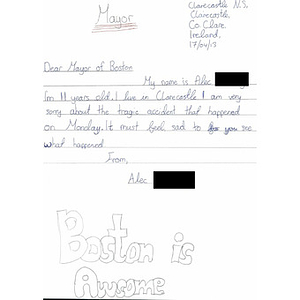 Handwritten Letter of Sympathy to the City of Boston from a 6th Grade Student at Clarecastle National School, Ireland.