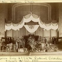 Interior of Unitarian Church, decorated for Hiram Lodge Centennial, 1897