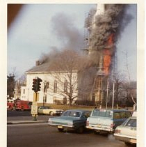 First Parish Church in flames