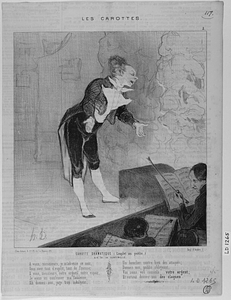 CAROTTE DRAMATIQUE. - (Couplet au public). AIR DE LA SENTINELLE. A vous, messieurs, je m'adresse ce soir, Vous avez tant d'esprit, tant de finesse; A vous, messieurs, notre orgueil, notre espoir, Je viens ici confesser ma faiblesse; Ah donnez-moi juge trop indulgent, Un bouclier contre bien des attaques; Donnez-moi, public obligeant, Vos soins, vos conseils... votre argent; Et surtout donnez-moi des claques.