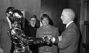 Mayor Kevin White with Mark Hamill and C-3P0 from Stars War films at Boston City Hall